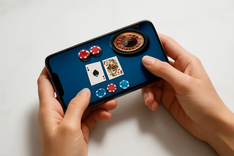 Hands holding smartphone with casino app on white marble surface