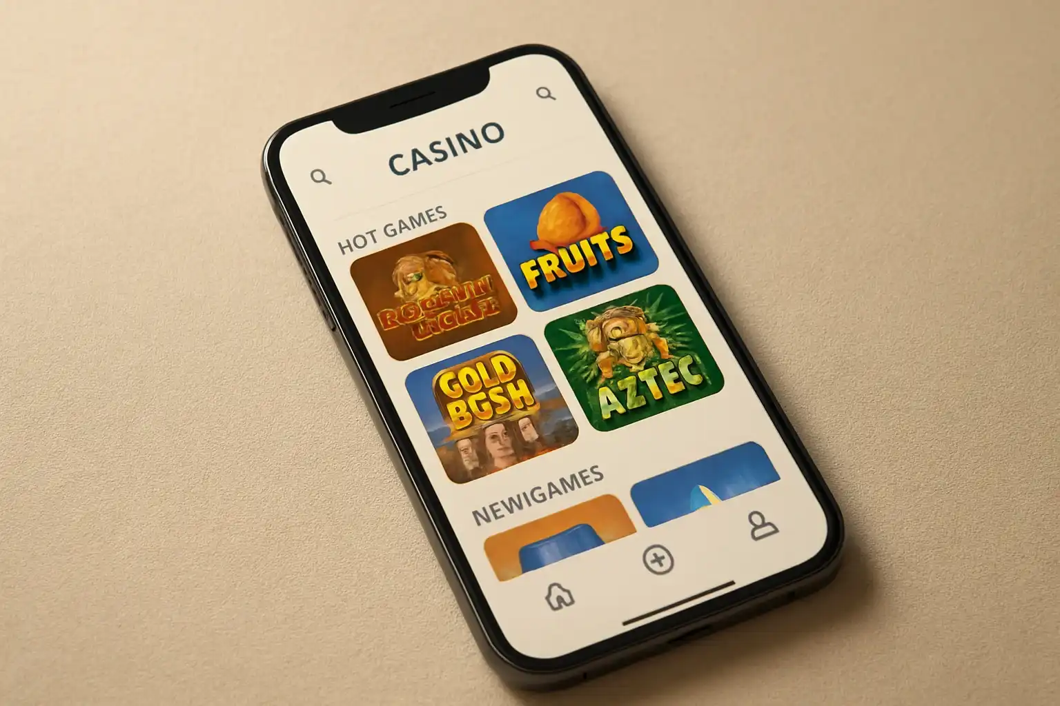 Smartphone angled on cream background showing light casino app interface