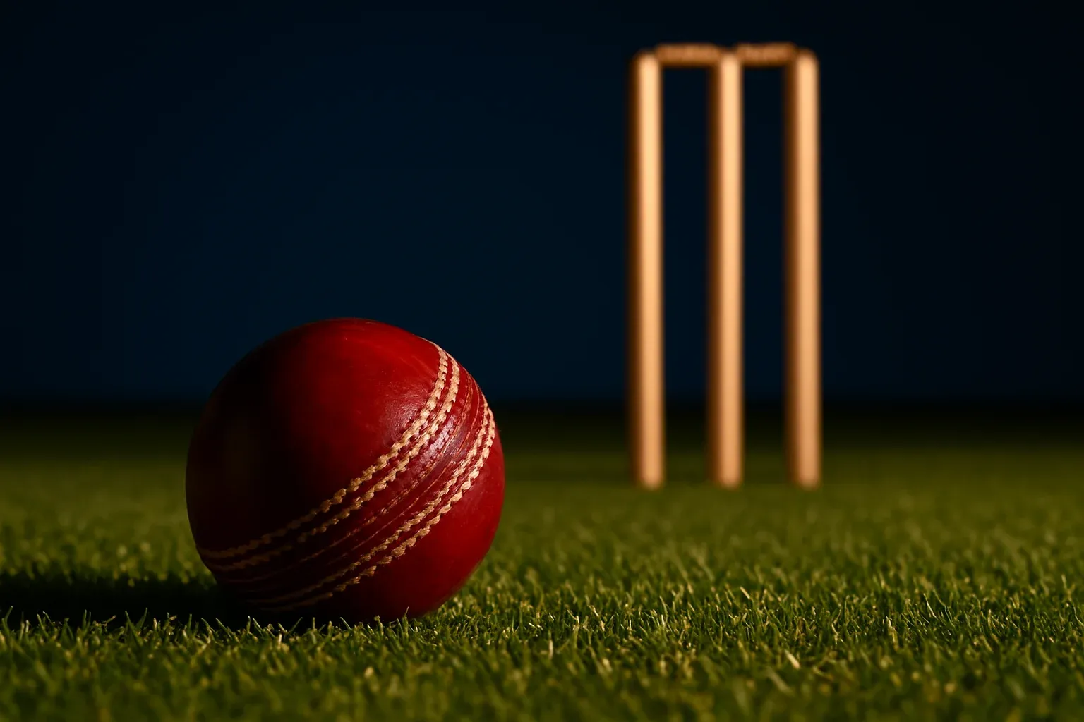 Cricket Pitch At Dusk Red cricket ball on mown grass with stumps at dusk