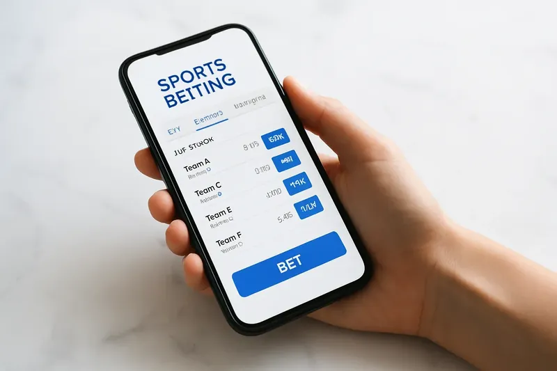 Hand holding smartphone showing sports betting odds on white marble