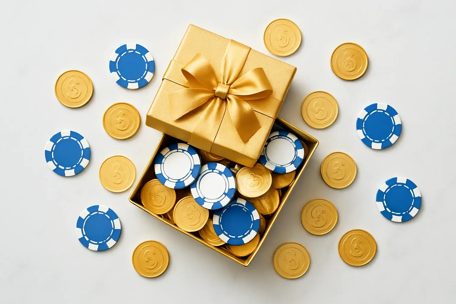 Golden Bonus Gift Box Golden gift box overflowing with poker chips and gold coins