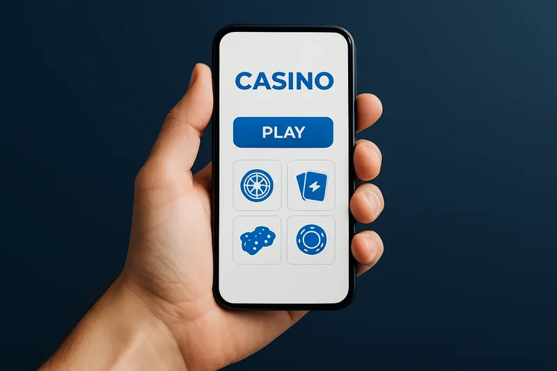 Hand holding smartphone with clean light-themed casino interface in warm lighting