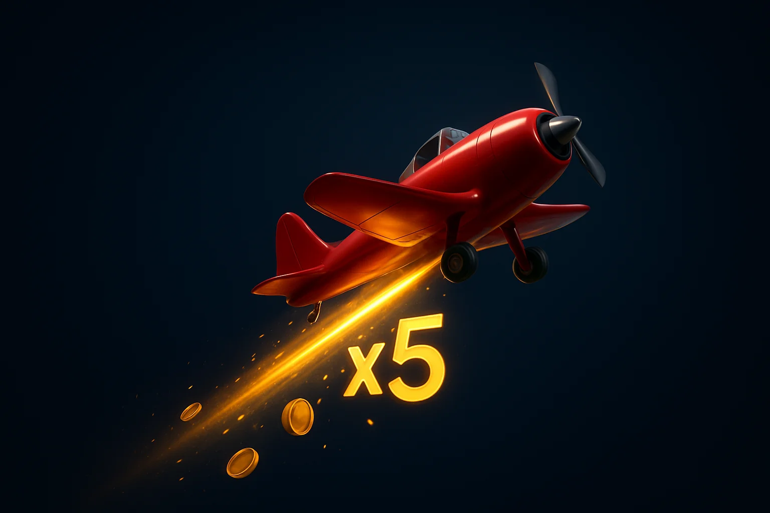 Aviator Crash Scene Red airplane climbing with glowing multiplier trail, coins, sparks, neon background