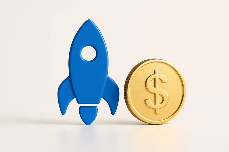 Minimalist rocket icon with gold coin on white background