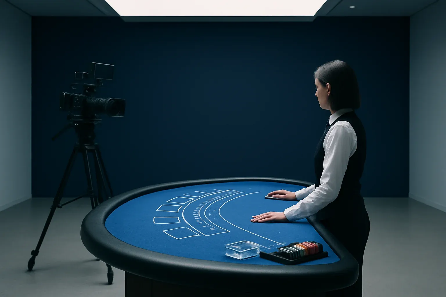 Professional blackjack dealer in live casino studio with camera rig