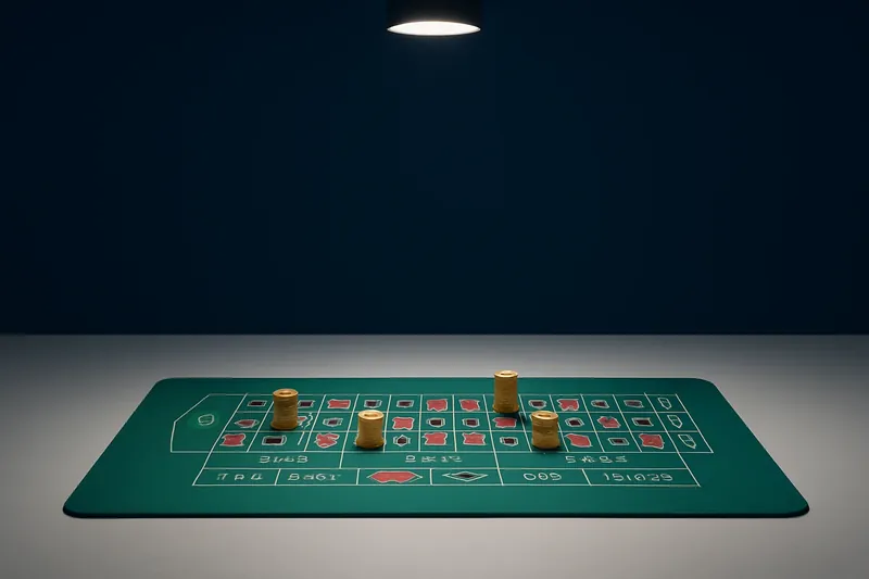 Top-down roulette table layout with gold chip stacks on green felt
