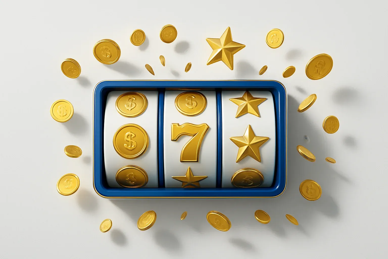 Colorful casino slot reels with gold symbols, coins, and exploding stars